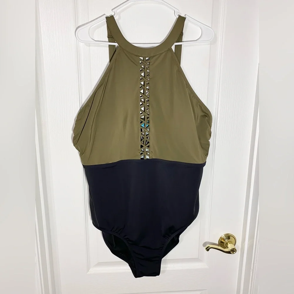 Coastal Blue One Piece Halter Swimsuit w/ Cut Out Detail Olive Black Size 2X